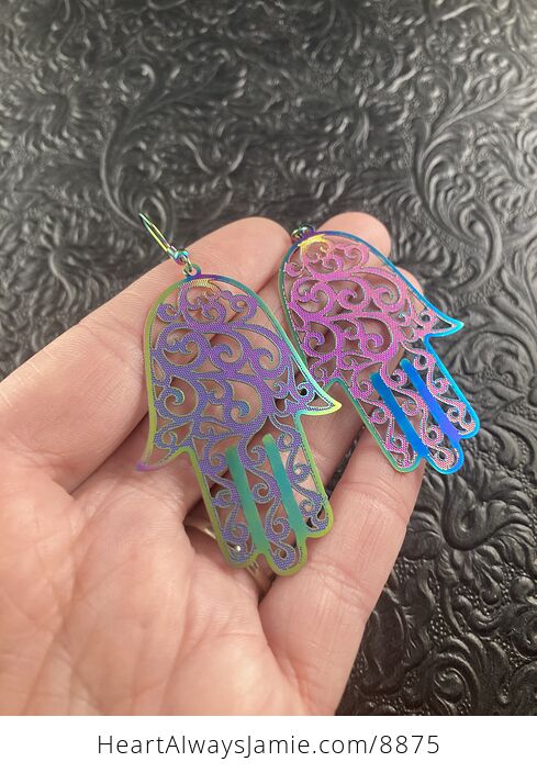 Colorful Chameleon Metal Hamsa Hand Earrings - #6Vrw7TzzcDU-3