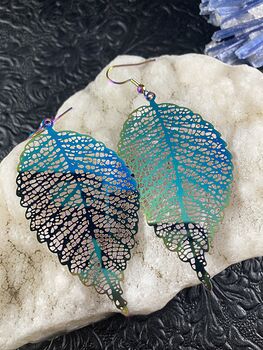 Colorful Chameleon Metal Skeleton Leaf Earrings #pH0kVdNAmPA