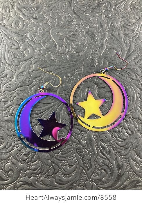 Colorful Chameleon Metal Star and Moon Earrings - #xiJVQTg7e4U-1