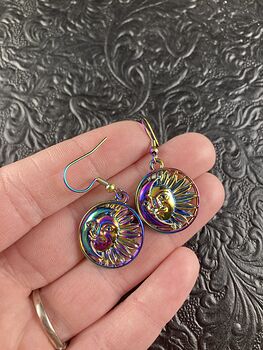 Colorful Chameleon Metal Sun and Crescent Moon Earrings #dSd0DNmMHyA