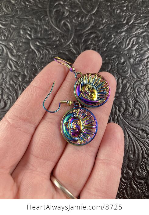 Colorful Chameleon Metal Sun and Crescent Moon Earrings - #dSd0DNmMHyA-2