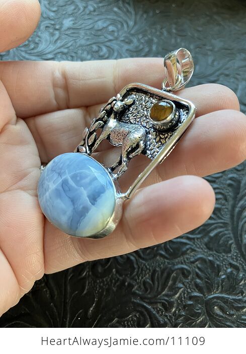 Common Blue Opal and Tigers Eye Crystal Stone Deer Jewelry Pendant - #0gRsB3Bl9fs-4