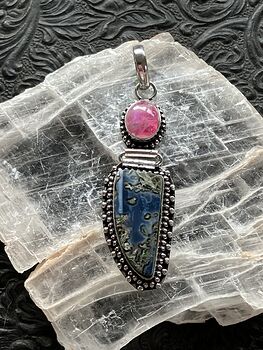 Common Mossy Blue Opal and Pink Moonstone Crystal Stone Jewelry Pendant #DEdnoueKMeE