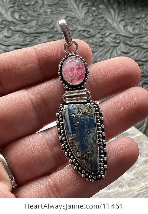 Common Mossy Blue Opal and Pink Moonstone Crystal Stone Jewelry Pendant - #DEdnoueKMeE-2