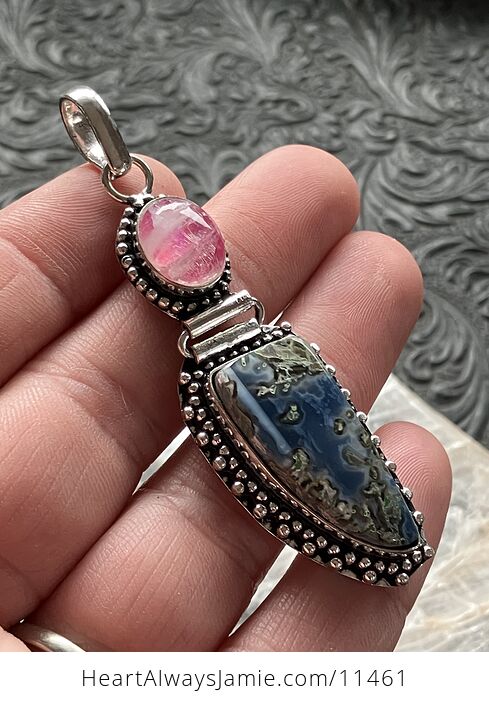 Common Mossy Blue Opal and Pink Moonstone Crystal Stone Jewelry Pendant - #DEdnoueKMeE-3