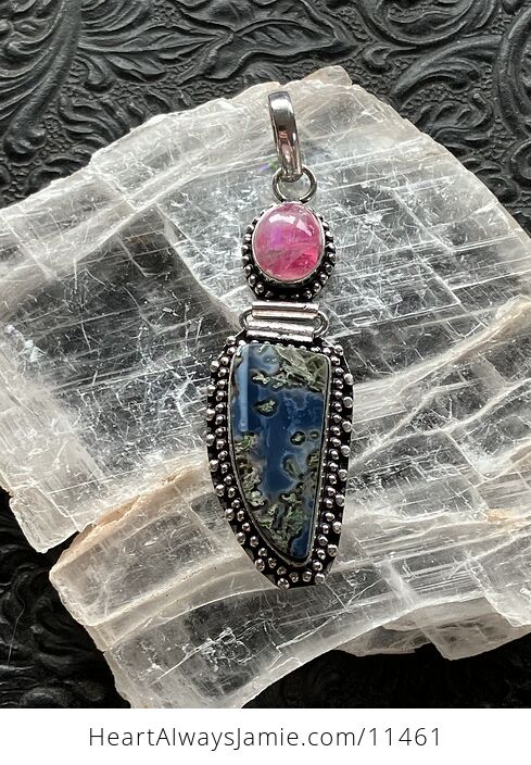 Common Mossy Blue Opal and Pink Moonstone Crystal Stone Jewelry Pendant - #DEdnoueKMeE-1