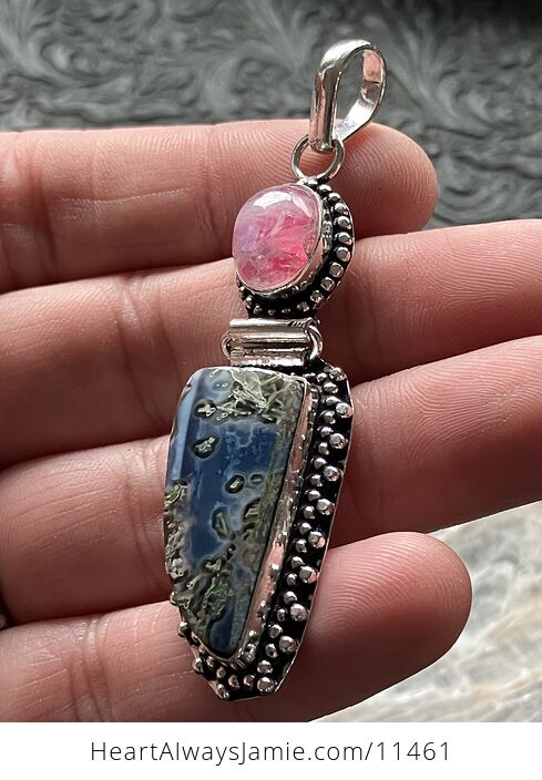 Common Mossy Blue Opal and Pink Moonstone Crystal Stone Jewelry Pendant - #DEdnoueKMeE-4