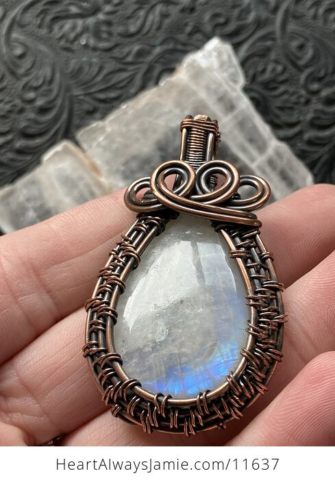 Copper Wire Wrapped Rainbow Moonstone Gemstone Crystal Jewelry Pendant - #tTiEhriaxU4-9
