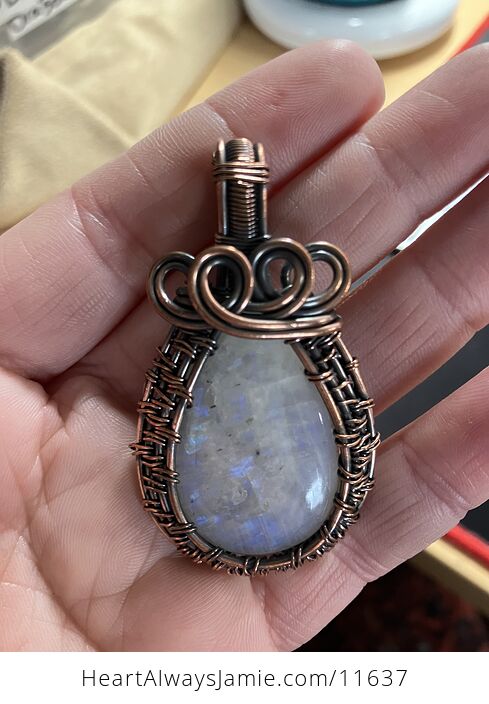 Copper Wire Wrapped Rainbow Moonstone Gemstone Crystal Jewelry Pendant - #tTiEhriaxU4-7