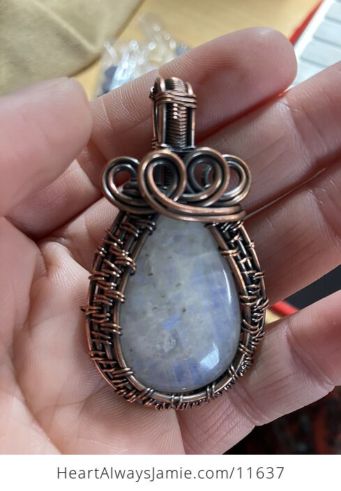 Copper Wire Wrapped Rainbow Moonstone Gemstone Crystal Jewelry Pendant - #tTiEhriaxU4-5