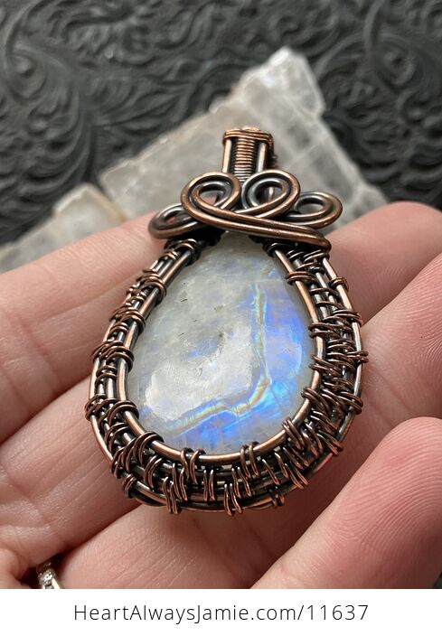 Copper Wire Wrapped Rainbow Moonstone Gemstone Crystal Jewelry Pendant - #tTiEhriaxU4-8