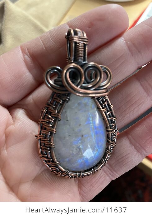 Copper Wire Wrapped Rainbow Moonstone Gemstone Crystal Jewelry Pendant - #tTiEhriaxU4-6