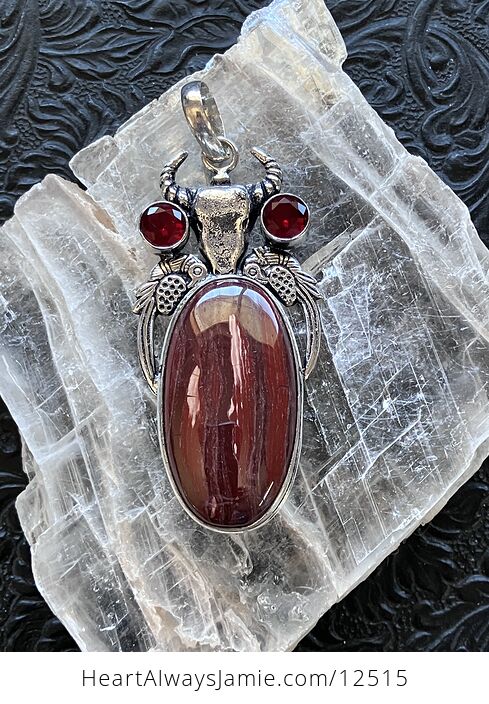 Cow Skull Birds Garnet and Red Rainbow Jasper Stone Jewelry Crystal Pendant - #hBLxkwza1cA-4