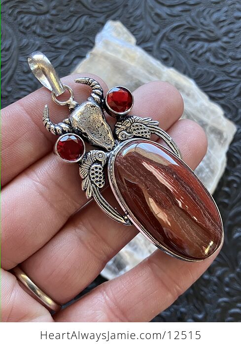 Cow Skull Birds Garnet and Red Rainbow Jasper Stone Jewelry Crystal Pendant - #hBLxkwza1cA-2