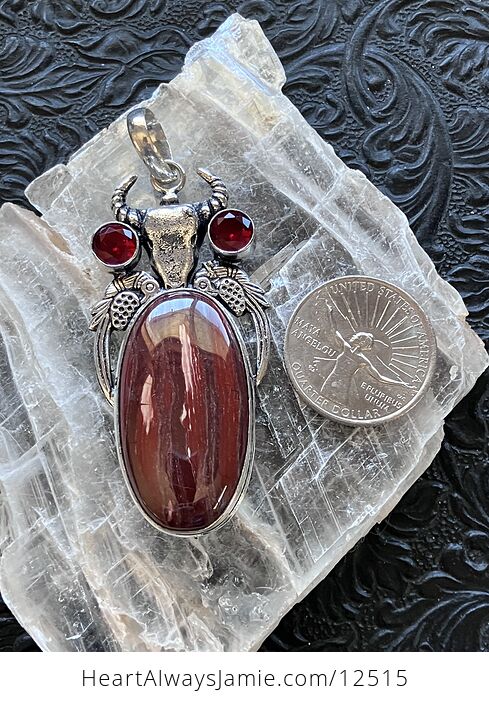 Cow Skull Birds Garnet and Red Rainbow Jasper Stone Jewelry Crystal Pendant - #hBLxkwza1cA-5