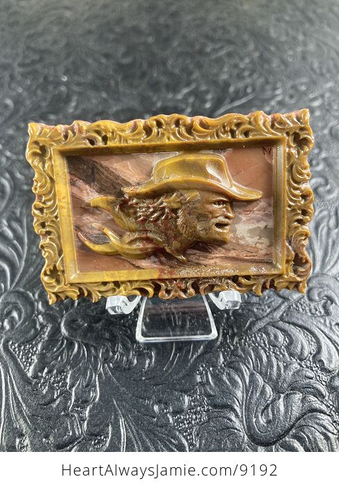 Cowboy Carved Forest Fire and Brecciated Jasper Stone Pendant Cabochon Jewelry Mini Art Ornament - #M3NQQTGc6dE-1