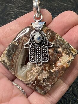 Crazy Lace Agate with Hamsa Hand Pendant Damaged Discounted #N7uyUktRato