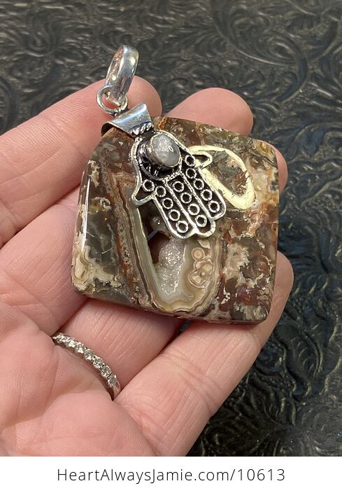 Crazy Lace Agate with Hamsa Hand Pendant Damaged Discounted - #N7uyUktRato-3