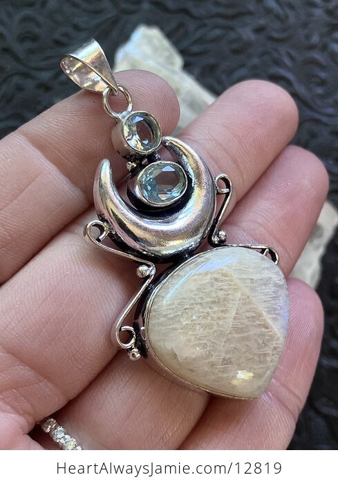 Cream Moonstone and Blue Topaz Witchy Mustic Lunar Crystal Stone Jewelry Pendant - #1iS5CwRVqAY-3