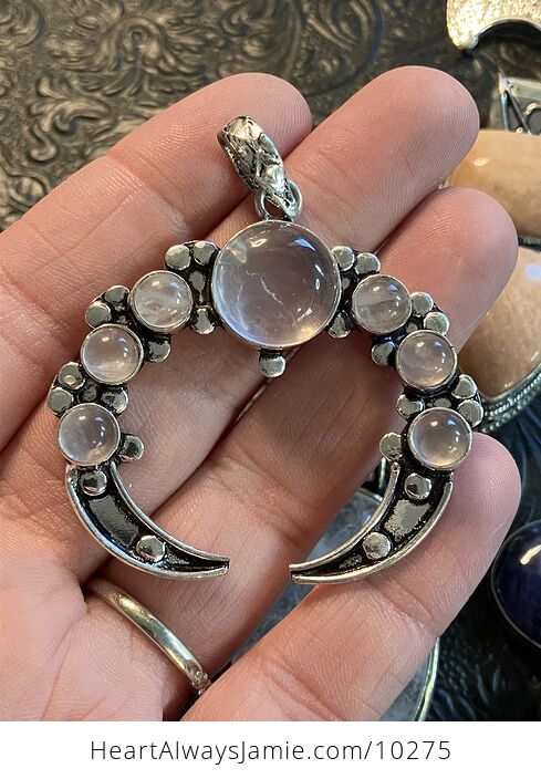 Crescent Moon Rose Quartz Stone Crystal Jewelry Pendant - #XZp5sZxEpJk-1