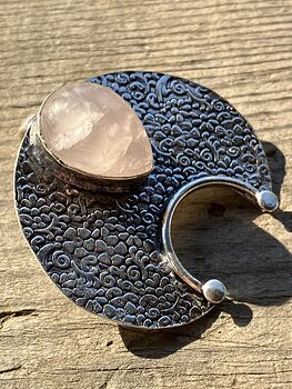 Crescent Moon Shaped Floral Stamped Metal Jewelry Pendant with Rose Quartz Crystal Stone #ieuDPK4x1xM