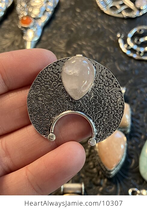 Crescent Moon Shaped Floral Stamped Metal Jewelry Pendant with Rose Quartz Crystal Stone - #ieuDPK4x1xM-2