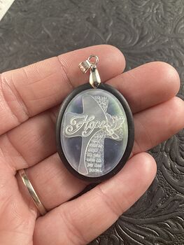 Cross with Hope Text and Peace Dove Carved in Mother of Pearl Shell on Stone Pendant Jewelry #QWiUXgDD8tM
