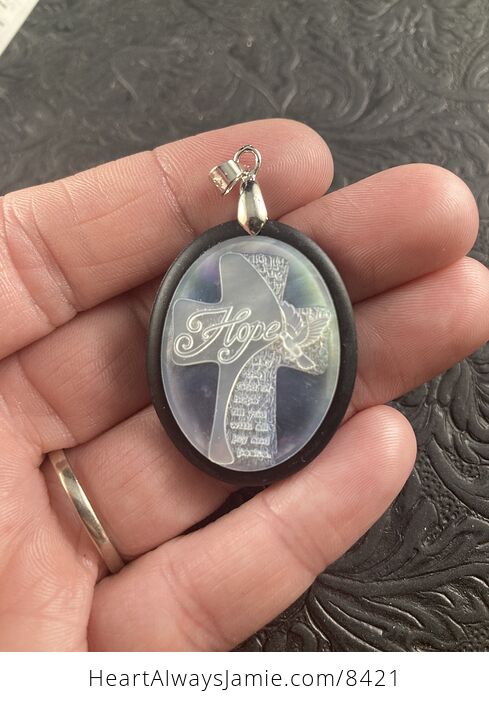 Cross with Hope Text and Peace Dove Carved in Mother of Pearl Shell on Stone Pendant Jewelry - #QWiUXgDD8tM-1