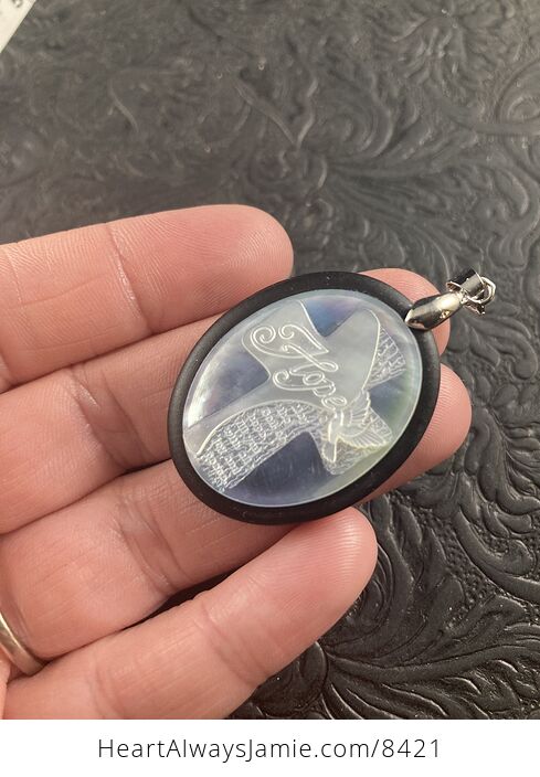 Cross with Hope Text and Peace Dove Carved in Mother of Pearl Shell on Stone Pendant Jewelry - #QWiUXgDD8tM-2