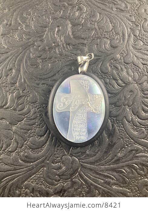 Cross with Hope Text and Peace Dove Carved in Mother of Pearl Shell on Stone Pendant Jewelry - #QWiUXgDD8tM-4
