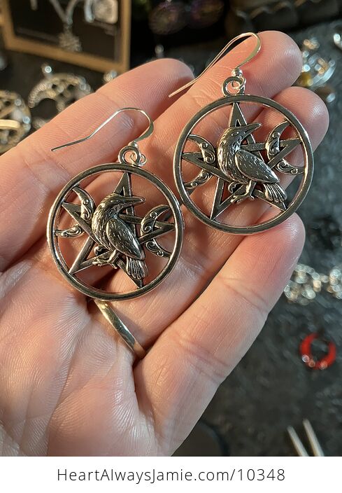 Crow Raven and Crescent Moons over a Pentagram Wiccan Witchy Halloween Earrings - #ZNTThQ972NU-1