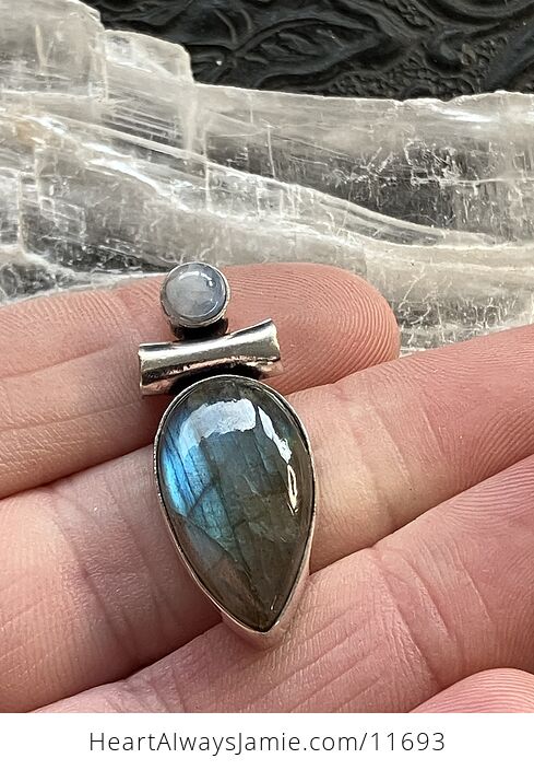 Dainty Rainbow Moonstone and Labradorite Gemstone Crystal Jewelry Pendant - #gHuEJ6woM94-5