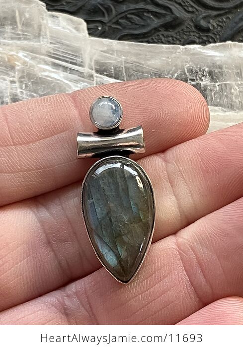 Dainty Rainbow Moonstone and Labradorite Gemstone Crystal Jewelry Pendant - #gHuEJ6woM94-4