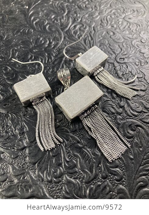 Dangly Chain White Selenite Rectangular Crystal Jewelry Pendant and Earring Set - #mCWP1h5dyqM-1