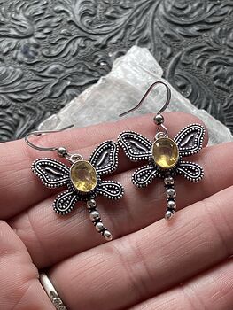 Dangly Faceted Citrine Dragonfly Stone Crystal Jewelry Earrings #bTUxGpO3oTI