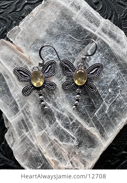 Dangly Faceted Citrine Dragonfly Stone Crystal Jewelry Earrings - #bTUxGpO3oTI-3