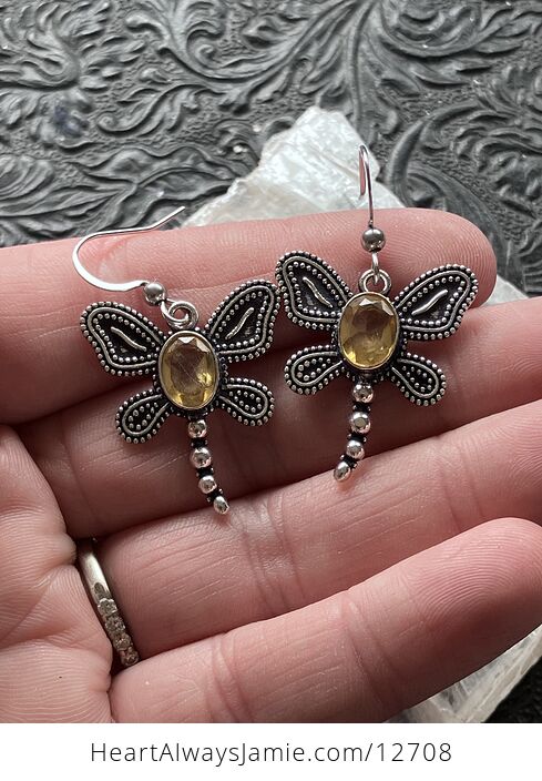 Dangly Faceted Citrine Dragonfly Stone Crystal Jewelry Earrings - #bTUxGpO3oTI-5