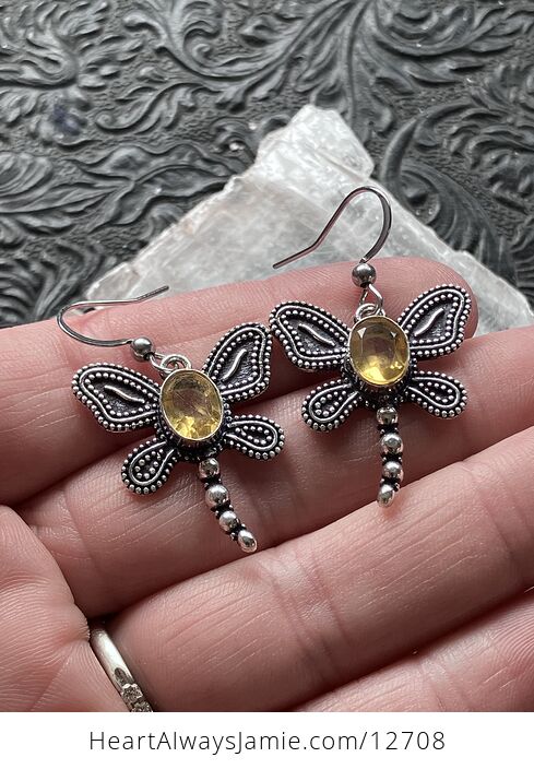 Dangly Faceted Citrine Dragonfly Stone Crystal Jewelry Earrings - #bTUxGpO3oTI-1