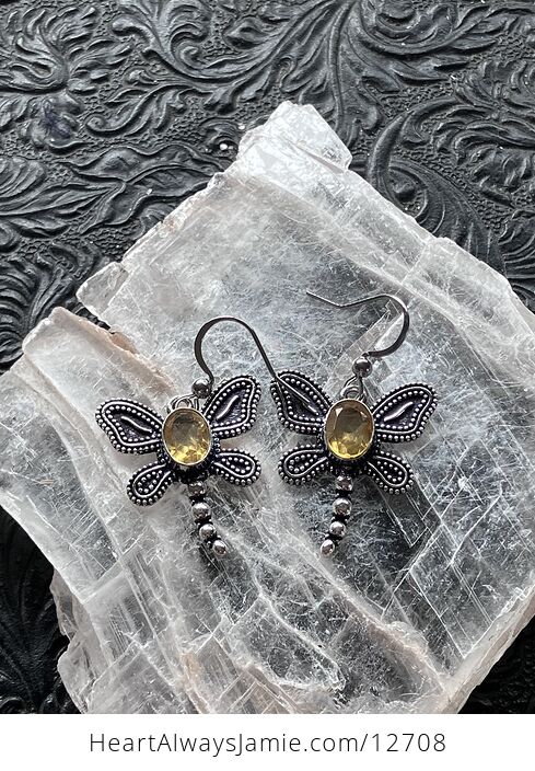 Dangly Faceted Citrine Dragonfly Stone Crystal Jewelry Earrings - #bTUxGpO3oTI-2