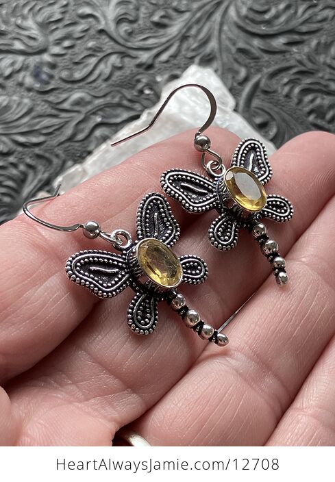 Dangly Faceted Citrine Dragonfly Stone Crystal Jewelry Earrings - #bTUxGpO3oTI-6