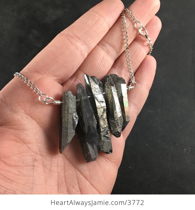 Dark Gray Titanium Crystal Stone Bar and Silver Chain Pendant Necklace - #emI4Vx9wVcA-2