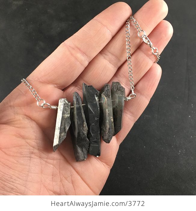 Dark Gray Titanium Crystal Stone Bar and Silver Chain Pendant Necklace - #emI4Vx9wVcA-1