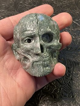 Dark Green Anatomical Human Skull and Muscle Face Crystal Carving #pn0pAP4omGI