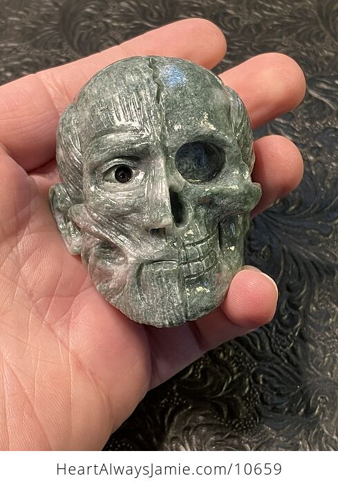 Dark Green Anatomical Human Skull and Muscle Face Crystal Carving - #pn0pAP4omGI-1