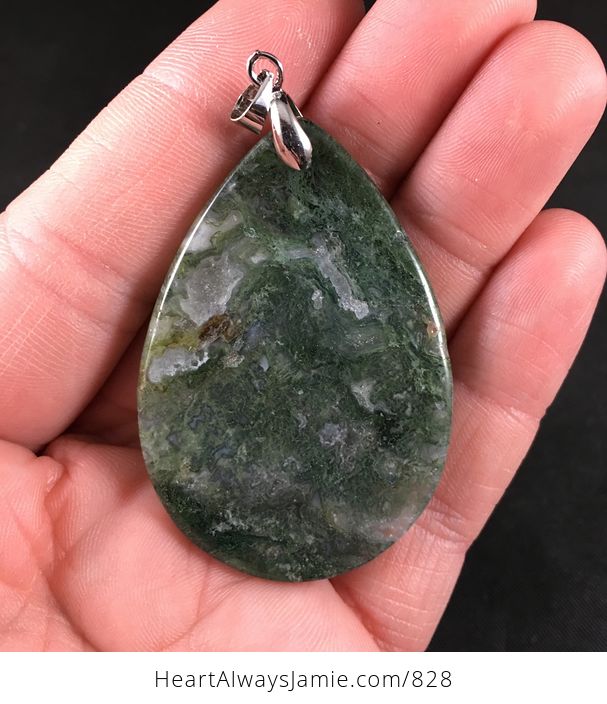 Dark Green and Druzy Moss Agate Stone Pendant Necklace - #a8AvaBk83y4-2