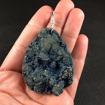 Dazzling Large Dark Blue with Golden Highlights Titanium Druzy Agate Stone Pendant #XHifT2LY9Pg