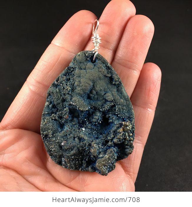 Dazzling Large Dark Blue with Golden Highlights Titanium Druzy Agate Stone Pendant - #XHifT2LY9Pg-1