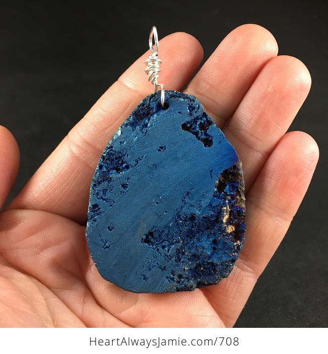 Dazzling Large Dark Blue with Golden Highlights Titanium Druzy Agate Stone Pendant Necklace - #XHifT2LY9Pg-2