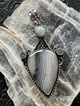 Dendritic Banded Agate and Rainbow Moonstone Crystal Stone Jewelry Pendant #28XaTp6V3ac