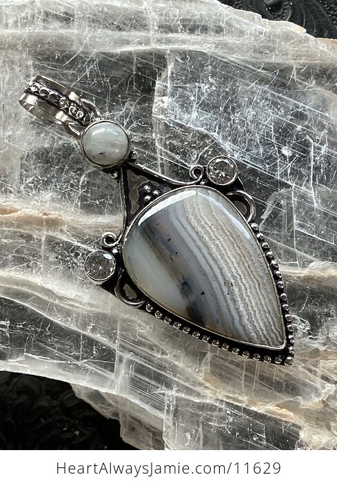 Dendritic Banded Agate and Rainbow Moonstone Crystal Stone Jewelry Pendant - #28XaTp6V3ac-7